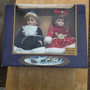 Holiday Elegance Porcelain Hand Painted Two Dolls 9in Tall